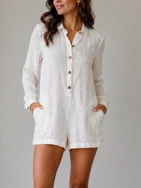 Women’s White cotton Linen Button-Front long sleeves and shorts romper